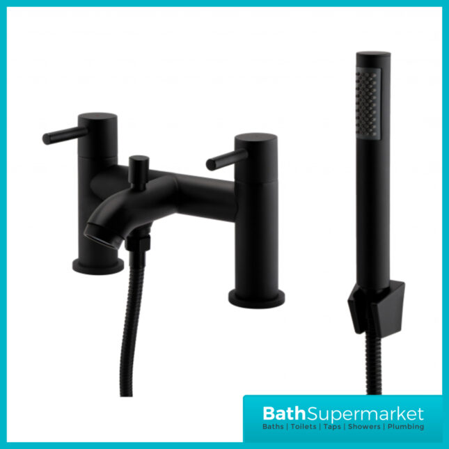 Aeris Matt Black Bath Shower Mixer Twin Lever Handle Tap With Shower Kit