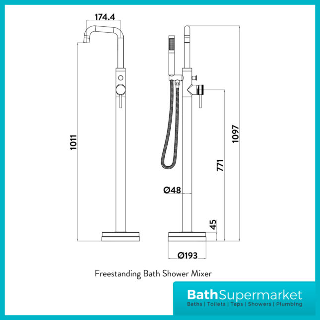 Knurled Matt Black Round Freestanding Bath Shower Mixer Floor Tap With Screw Head 2 Types