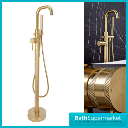 Knurled Brushed Brass Round Freestanding Bath Shower Mixer Floor Tap With Screw Head 2 Types