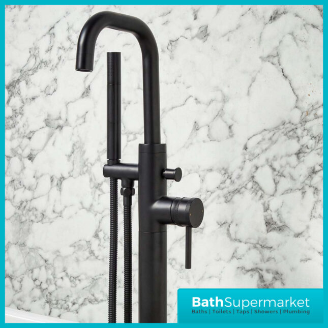 Knurled Matt Black Round Freestanding Bath Shower Mixer Floor Tap With Screw Head 2 Types