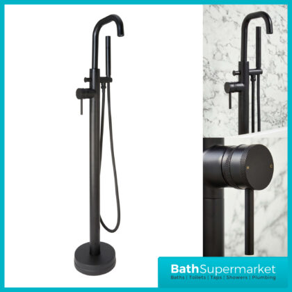 Knurled Matt Black Round Freestanding Bath Shower Mixer Floor Tap With Screw Head 2 Types