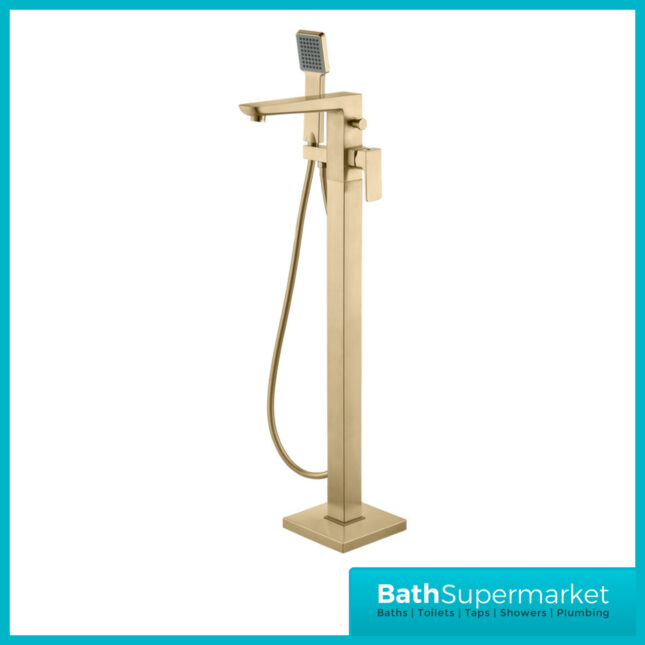 AquaVolere Brushed Brass Square Freestanding Bath Shower Mixer Floor Tap