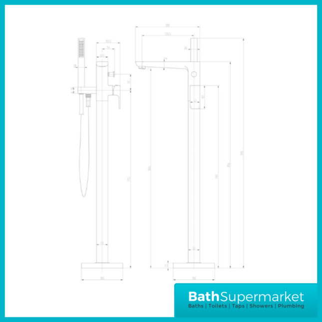 AquaVolere Brushed Brass Square Freestanding Bath Shower Mixer Floor Tap - Image 4