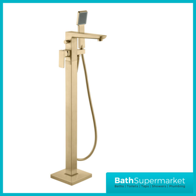 AquaVolere Brushed Brass Square Freestanding Bath Shower Mixer Floor Tap