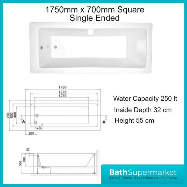 Sanica Granada Square Single Ended Acrylic Bath Tub 1750mm x 700mm