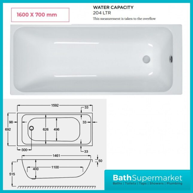 Refine Profile Single Ended Thin Edge Bath 1600mm x 700mm