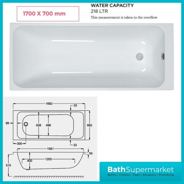 Refine Profile Single Ended Thin Edge Bath 1700mm x 700mm