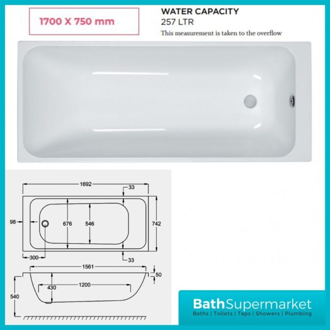 Refine Profile Single Ended Thin Edge Bath 1700mm x 750mm