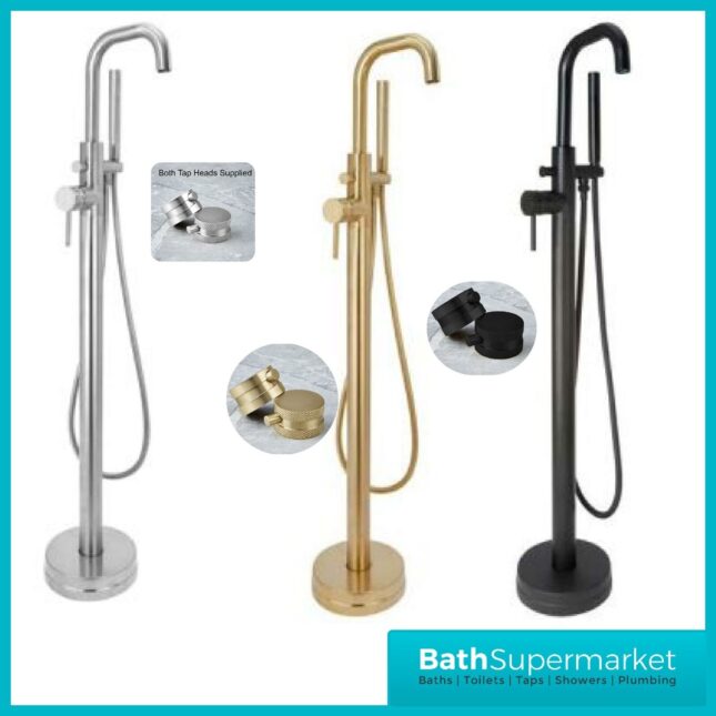 Knurled Matt Black Round Freestanding Bath Shower Mixer Floor Tap With Screw Head 2 Types