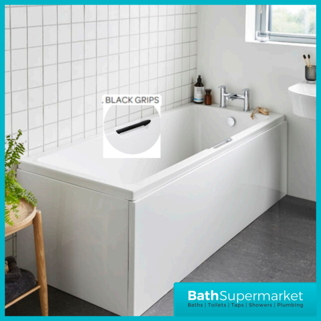 Kvit Luxe White Single Ended Acrylic Bath Integrated Black Twin Grips – Various Sizes