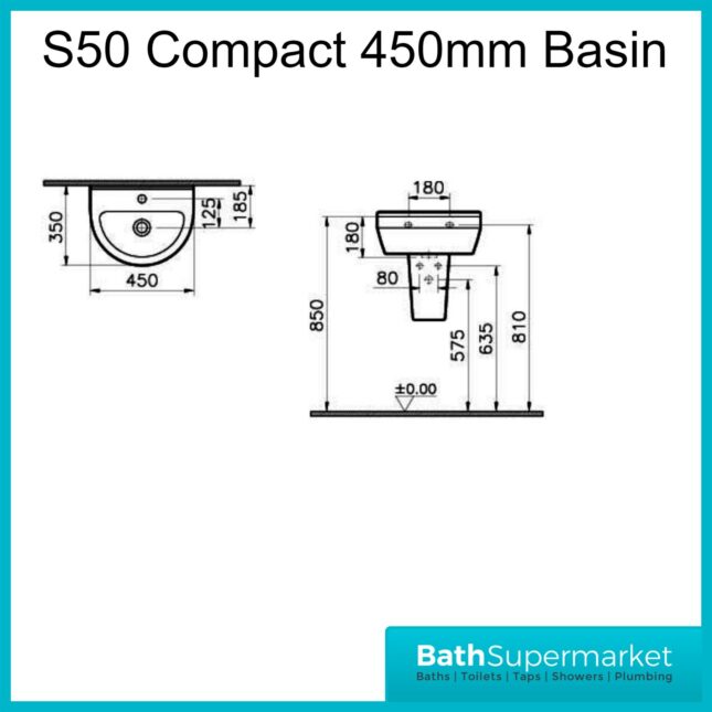 Style Gloss White Compact Basin 450mm With Semi Pedestal – 1 Tap Hole