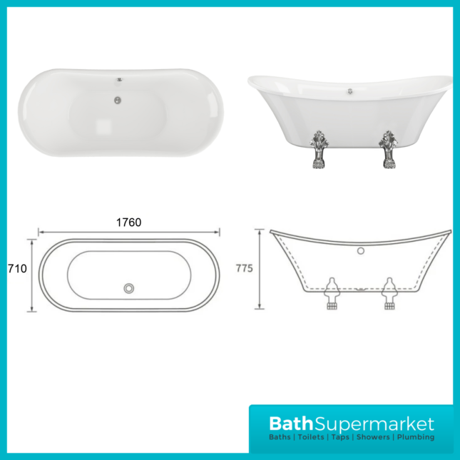 AquaVolere Harbour Freestanding 1760mm x 710mm x 775mm Bath W/Feet 0TH