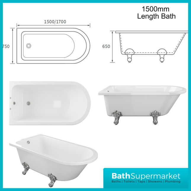 AquaVolere Coastline Traditional Freestanding Corner Bath W/Feet 2 Tap Hole