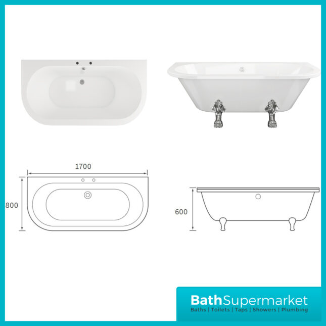 AquaVolere Ballard Freestanding Back To Wall Bath 1700mm Length 2TH W/Feet