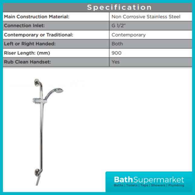 Bristan Stainless Steel Commercial Grab Rail And Slide Bar 900mm Shower Kit - Image 3