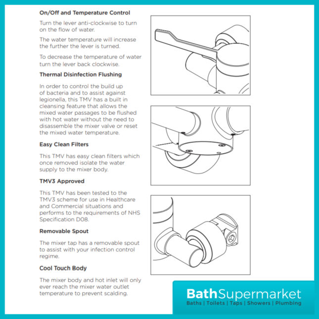 Bristan Commercial TMV3 Single Control Hospital Deck Mounted Basin Mixer Tap - Image 3