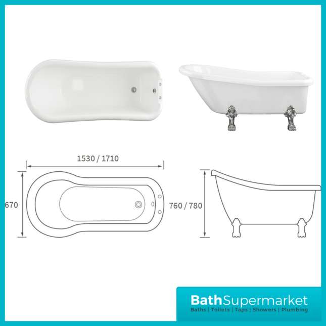 AquaVolere Queensway Traditional Freestanding Bath W/Feet 1530mm & 1710mm- 2 Tap Holes