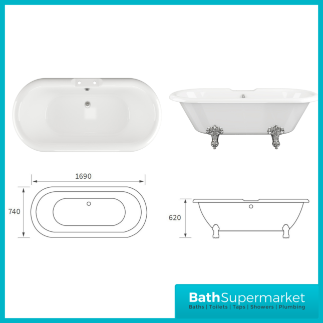 AquaValore Winstanley White Traditional Freestanding Bath 1690 x 740 x 620mm W/Feet - 2TH