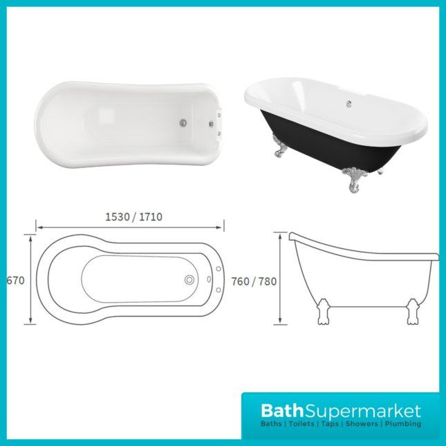 AquaValore Winstanley Black Traditional Freestanding Bath 1690 x 740 x 620mm W/Feet - 2TH