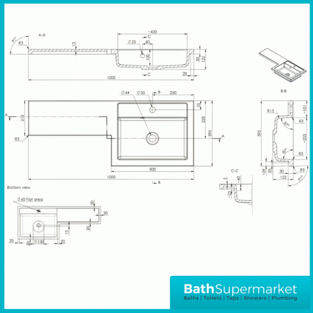 Aquavolere Venice Anthracite Gloss Right Handed Combination Basin Unit & Handles Pack 1000mm