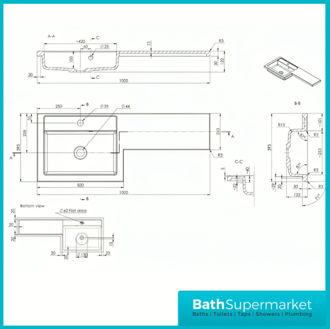 Aquavolere Venice Anthracite Gloss Left Handed Combination Basin Unit & Handles Pack 1000mm