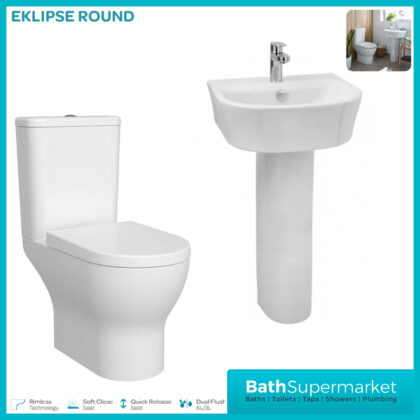 Kartell Eklipse Round Close Coupled Rimless Toilet WC With Full Pedestal Basin Set