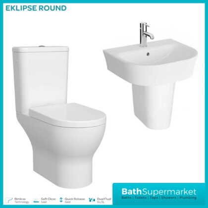 Kartell Eklipse Round Close Coupled Rimless Toilet WC With Semi Pedestal Basin Set
