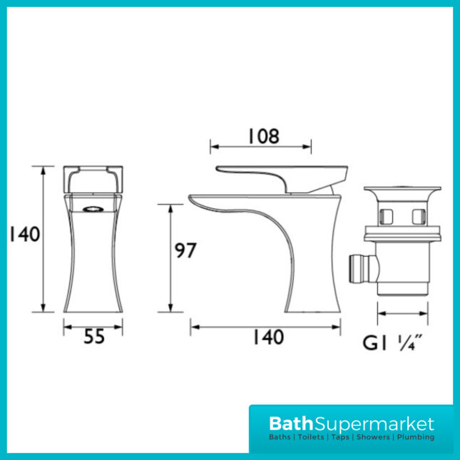 Bristan Hourglass Mono Matt Black Basin Mixer Tap With Clicker Waste