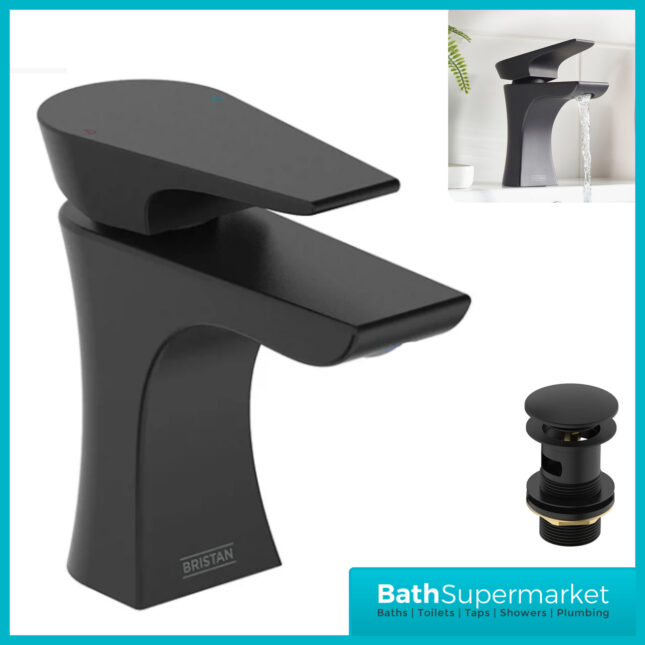 Bristan Hourglass Mono Matt Black Basin Mixer Tap With Clicker Waste