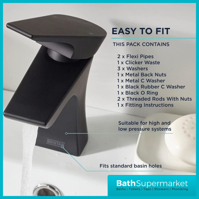 Bristan Hourglass Mono Matt Black Basin Mixer Tap With Clicker Waste