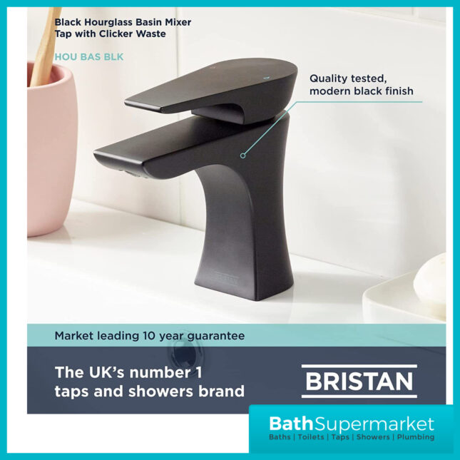 Bristan Hourglass Mono Matt Black Basin Mixer Tap With Clicker Waste