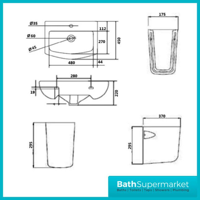 Trim Basin With Semi Pedestal 550mm Wide – 1 Tap Hole