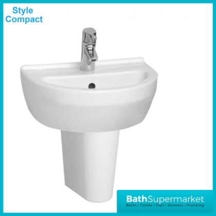 Style Gloss White Compact Basin 450mm With Semi Pedestal – 1 Tap Hole
