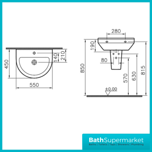 Style Basin With Semi Pedestal 550mm Wide – 1 Tap Hole