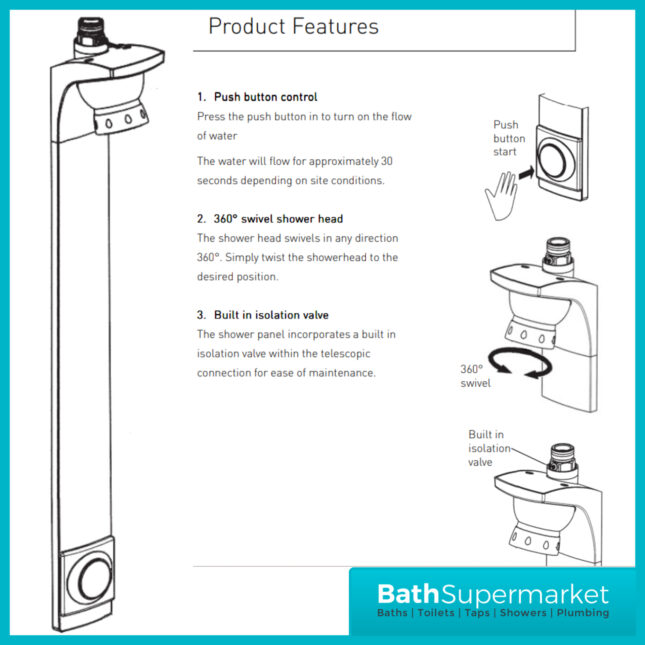 Bristan Push Button Timed Flow Shower Panel With Adjustable Head - Image 4