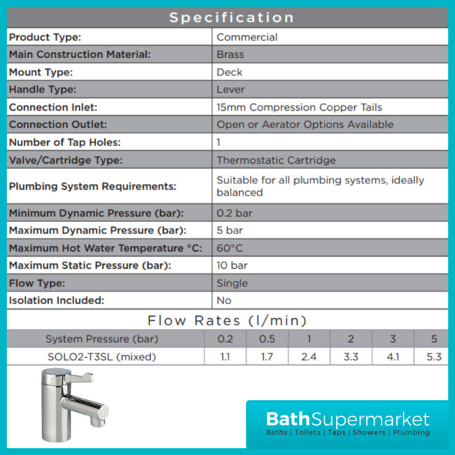 Bristan Solo2 TMV3 Chrome Mono Basin Mixer Tap With Short Lever Handle - Image 5