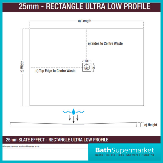 AquaVolere Dark Grey Slate Effect 25mm Ultra-Slim Rectangular Shower Tray & Waste - Various Sizes