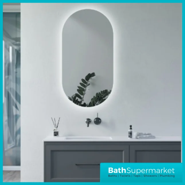 AquaVolere Ovate 400mm Oblong Back-Lit LED Illuminated Touch Sensor Control Demister Mirror