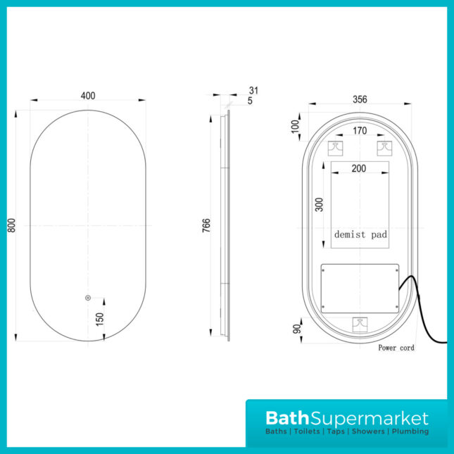 AquaVolere Ovate 400mm Oblong Back-Lit LED Illuminated Touch Sensor Control Demister Mirror