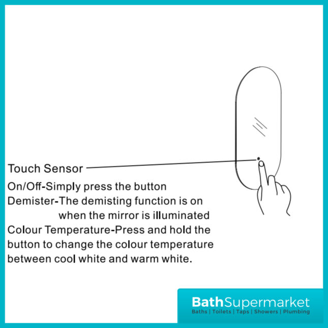 AquaVolere Ovate 400mm Oblong Back-Lit LED Illuminated Touch Sensor Control Demister Mirror - Image 6