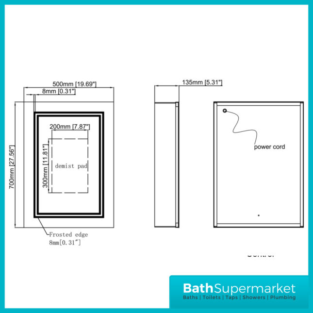 AquaVolere Ardour Front-Lit LED Demister Mirror Cabinet With Shaver Socket 500mm