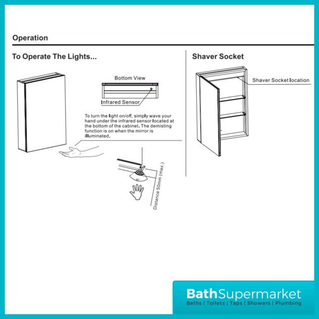 AquaVolere Ardour Front-Lit LED Demister Mirror Cabinet With Shaver Socket 500mm