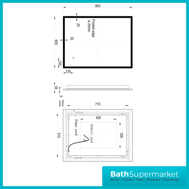 AquaVolere Ardent Rectangle Surround-Lit LED Demister Mirror 800mm & 1200mm Wide Sizes - Image 5