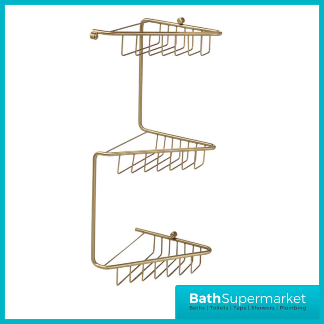 AquaVolere Alana Brushed Brass Wall Mounted 3-Tier Corner Shower Storage