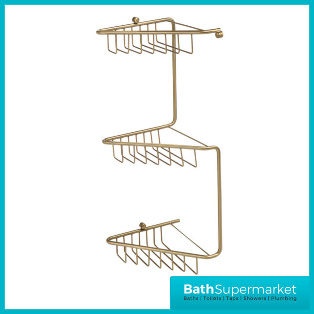 AquaVolere Alana Brushed Brass Wall Mounted 3-Tier Corner Shower Storage