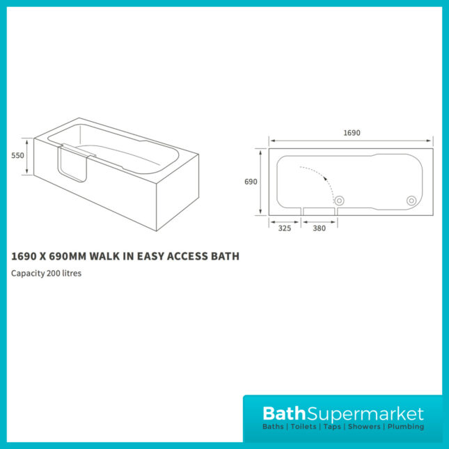 AquaVolere Accessible Walk In Single Ended Bath 1690 x 690 x 550mm - Left & Right Handed 0TH - Image 7