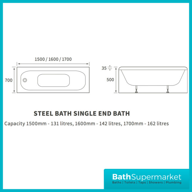AquaVolere Steel Single Ended Bath With Legs 1500mm - 1600mm & 1700mm Length 2TH