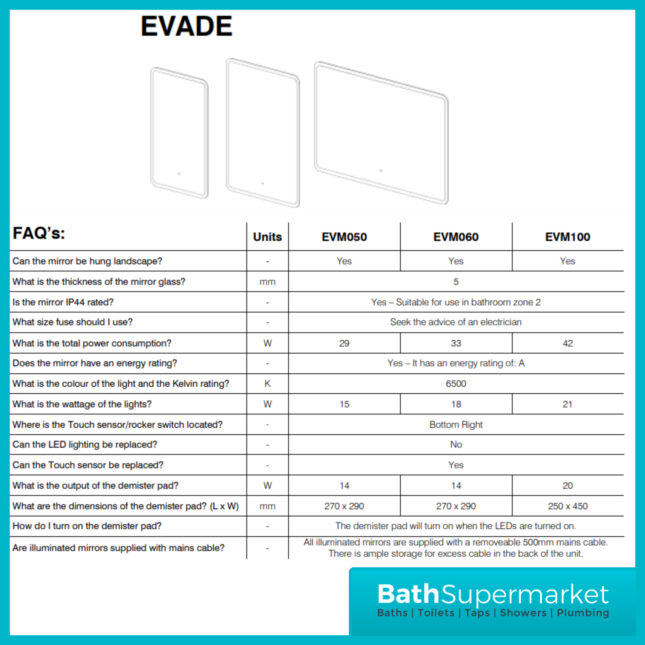 Tavistock Evade LED Touch Sensor Demister Bathroom Mirror - 500mm 600mm 1000mm Sizes - Image 8