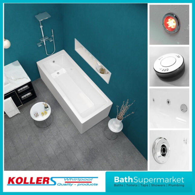 Koller Square Single Ended Jet Whirlpool Bath 1800mm x 700mm With Light Option