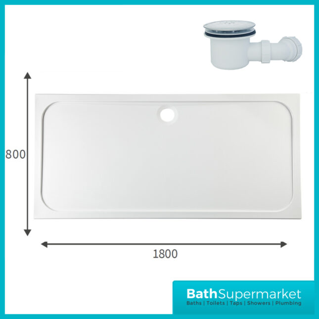 AquaVolere White 45mm Deluxe Rectangular Shower Tray & Waste 1800mm x 800mm - Image 4